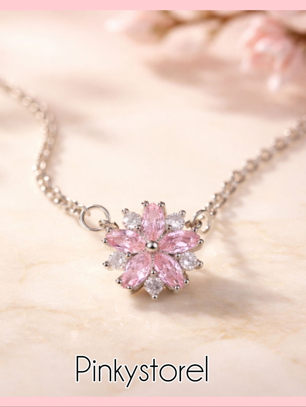 Pink Crystal Flower Necklace - Silver Chain